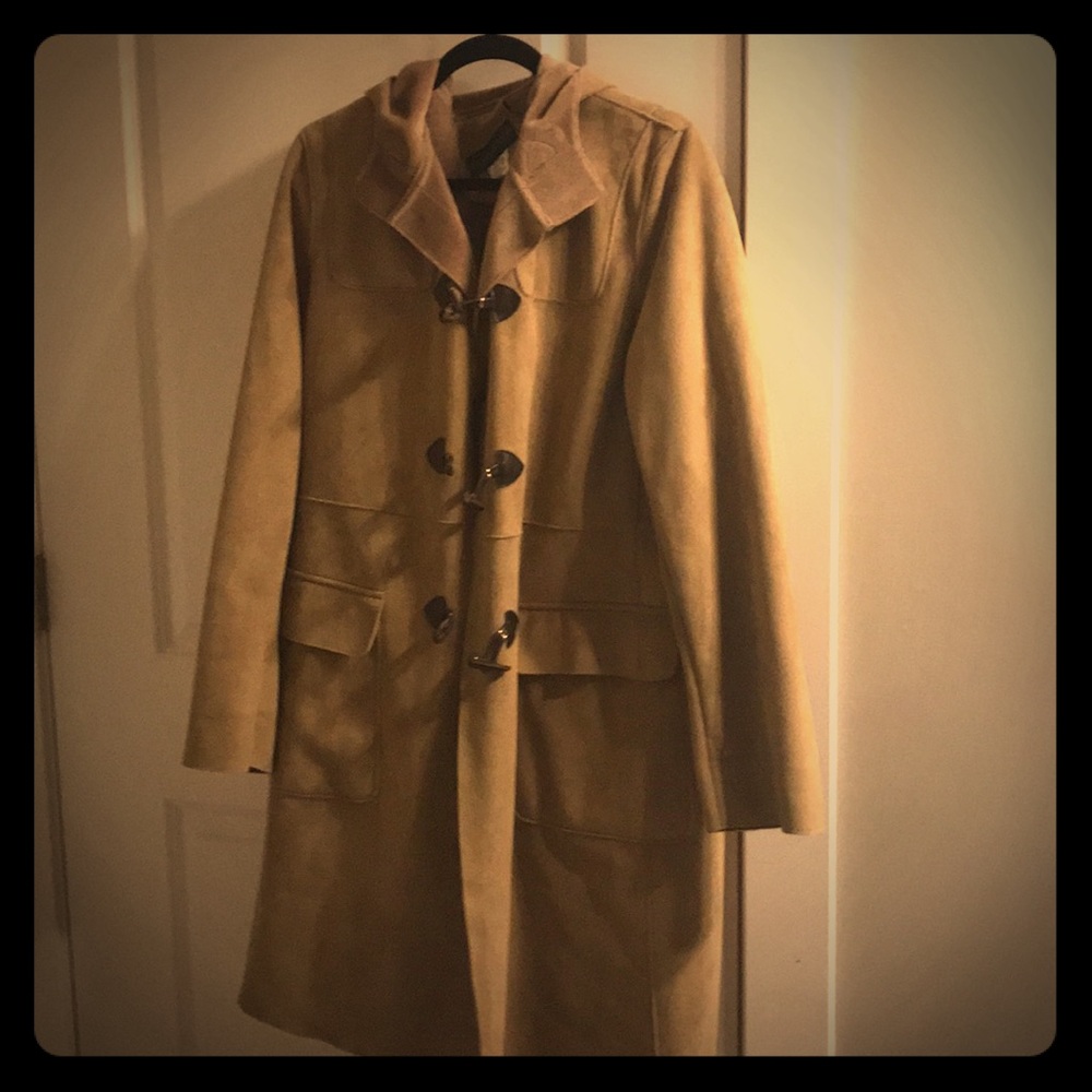 Carmel color suede winter coat with hood.